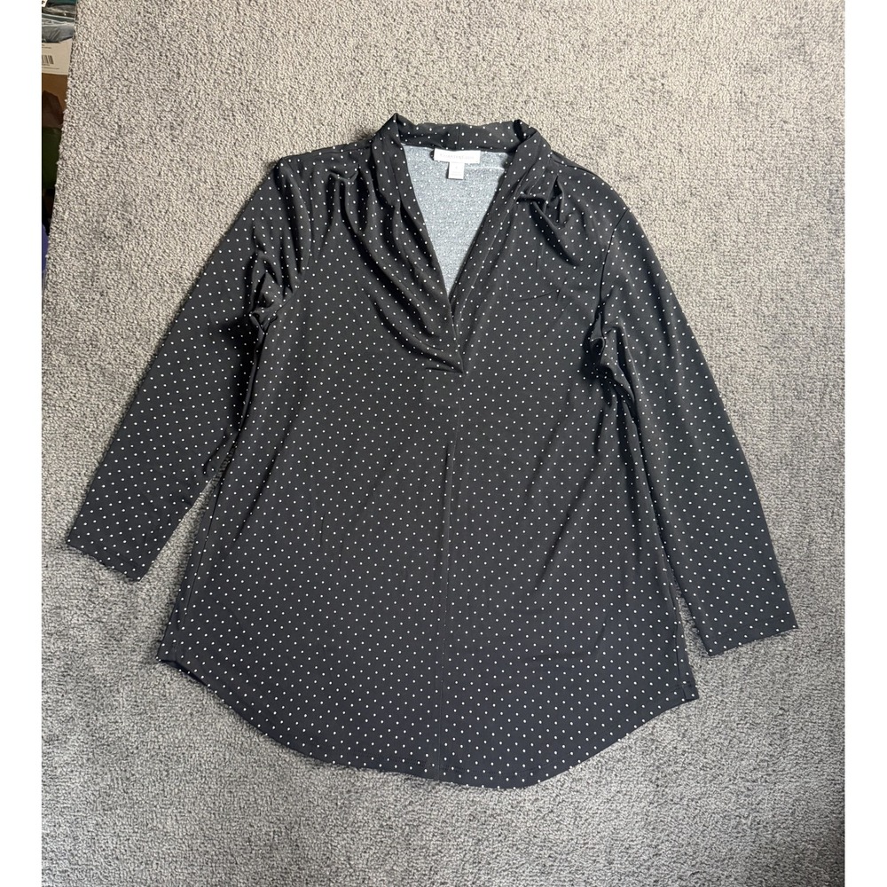 Charter Club Womens Small Black Polka Dot Split Neck Long Sleeve Blouse Top
